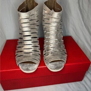 Donald J Pliner Greece-QA metallic suede cutout booties in Poppy Blush